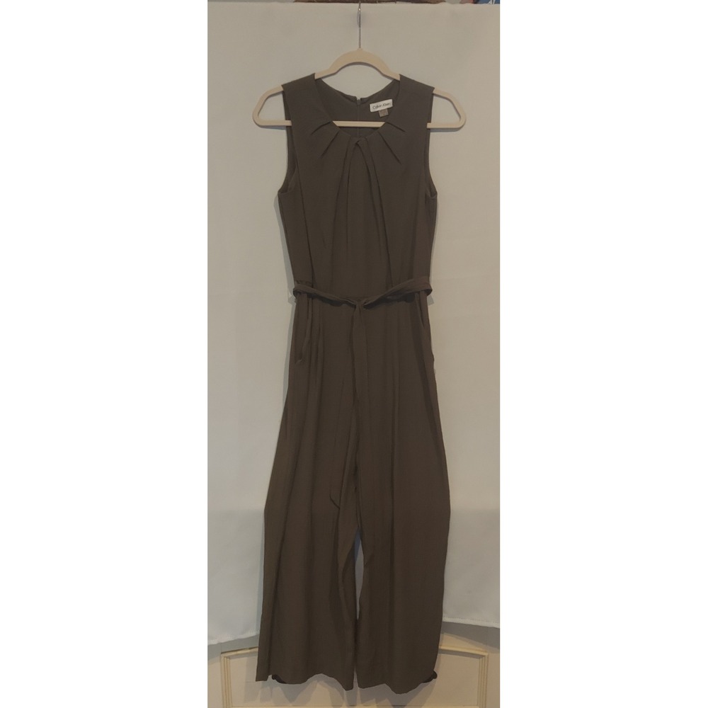 Calvin Klein Womens Olive Green Jewel Neckline Belted Jumpsuit Romper Size 8